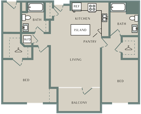 Floor plan for 2 beds, 2 baths, 1260 sqft